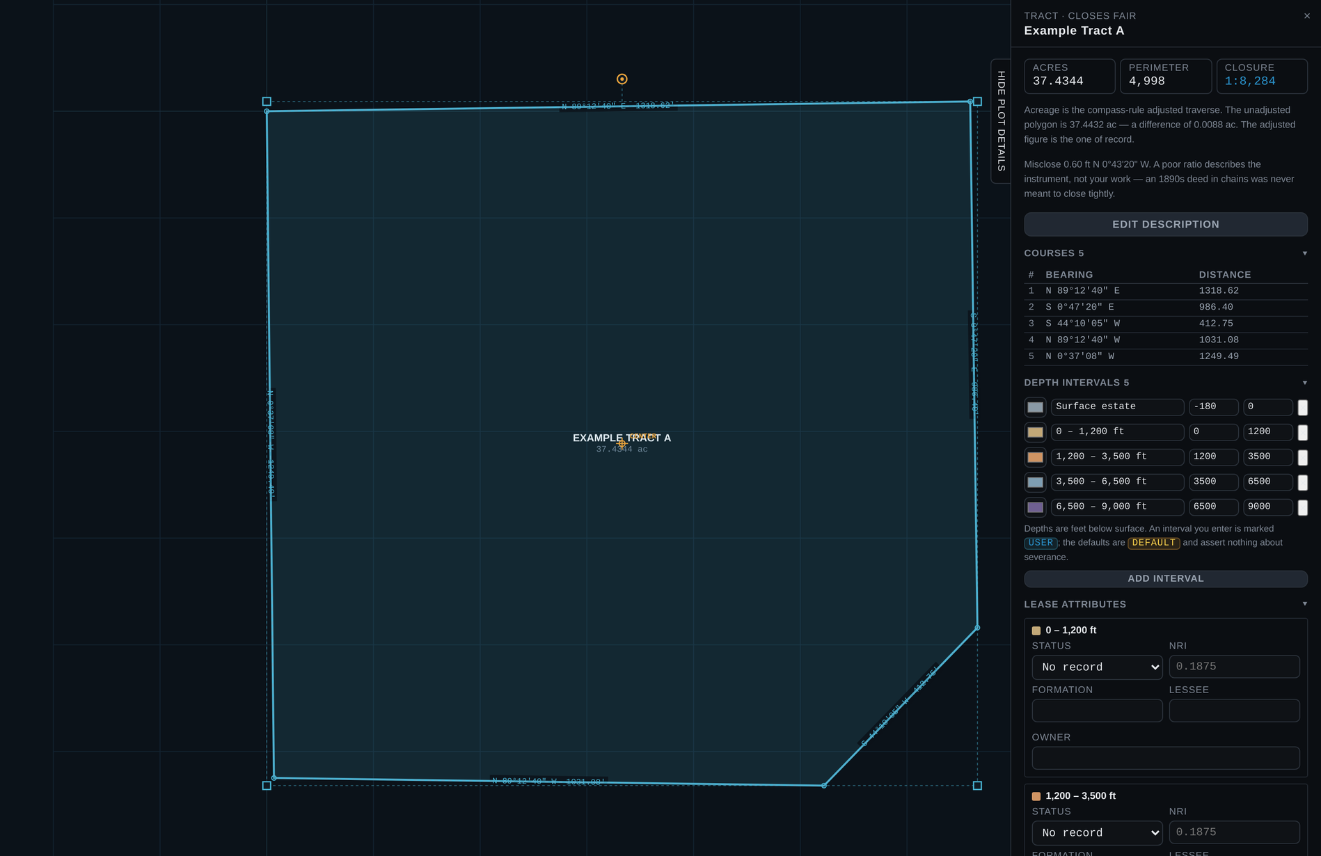 A tract plotted from five metes-and-bounds courses, with acreage, perimeter, closure ratio and the stated misclosure beside it.